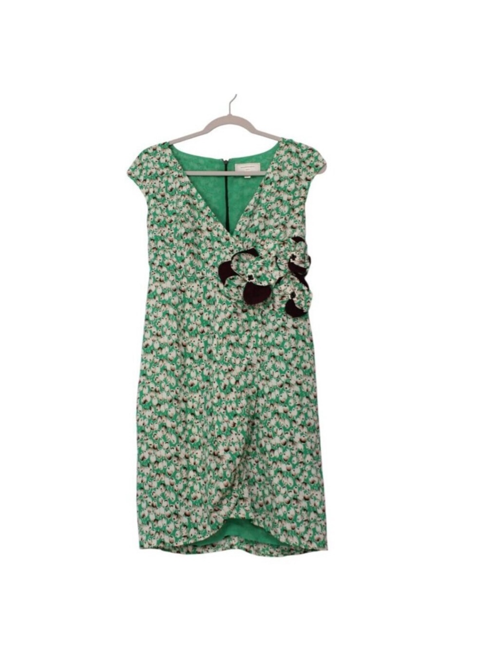 Green Floral Cap-Sleeve Wrap Dress with Side Appliqué
